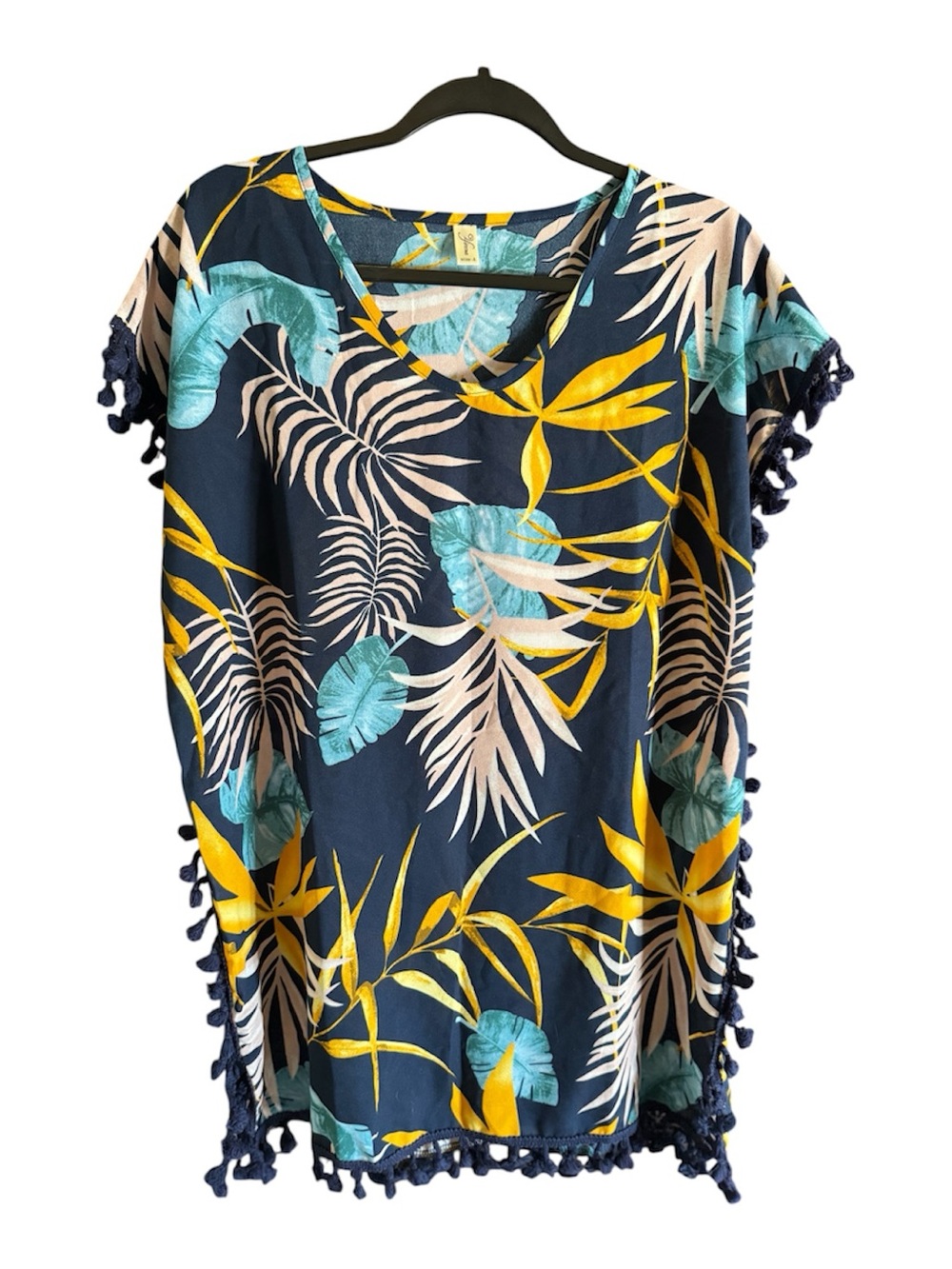 Vince Navy Tropical Print Swim Coverup with Yellow & Teal Leaves